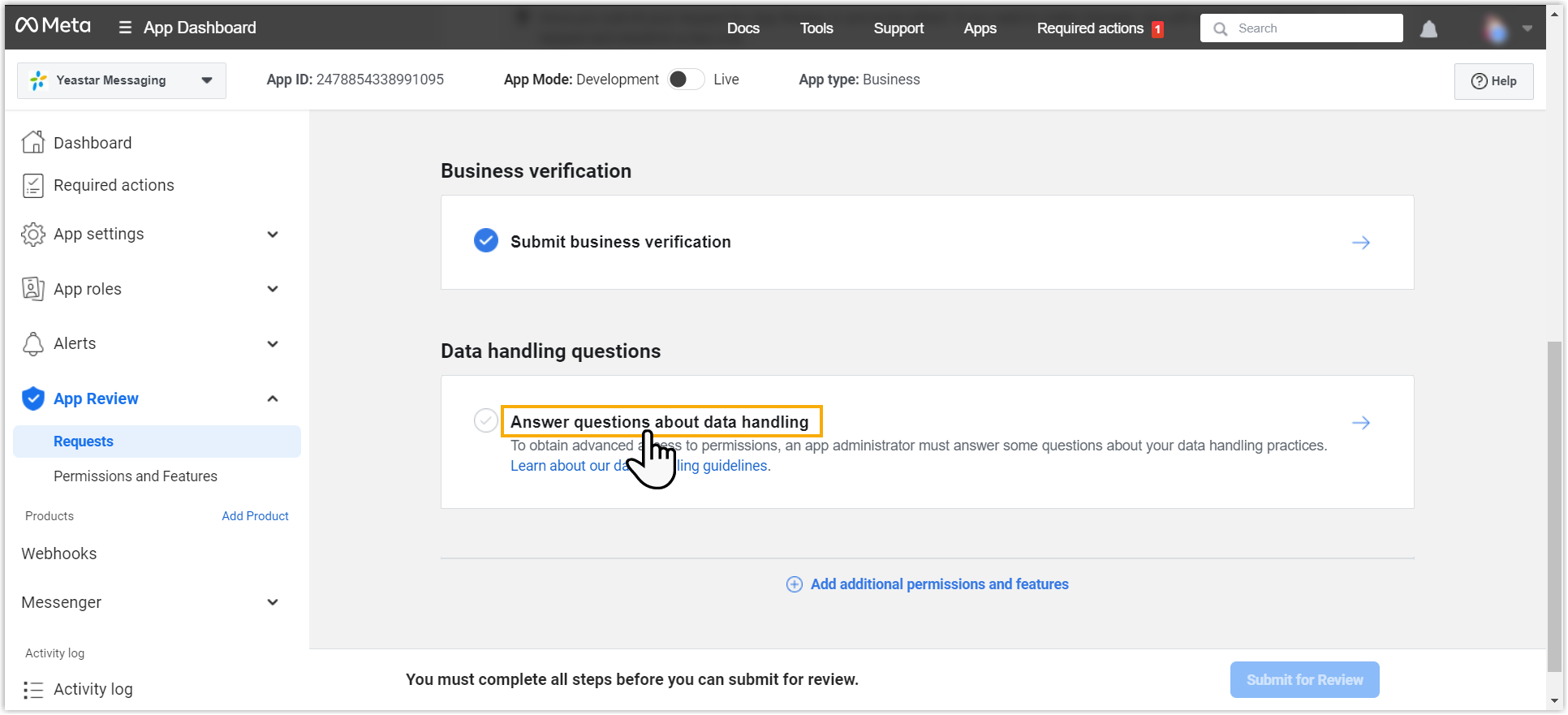Cloud Voice, the Data handling questions section on the Requests page