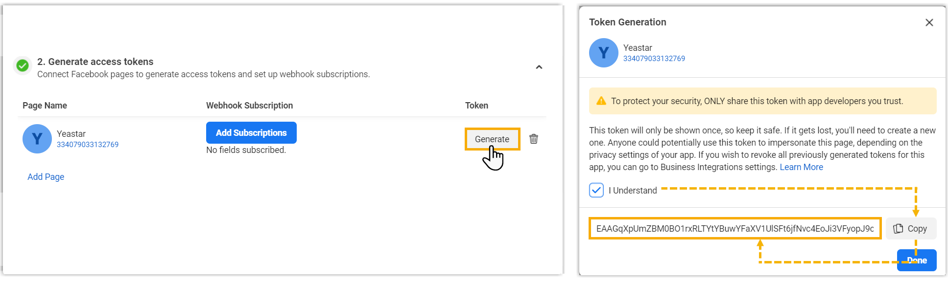 Cloud Voice, generated access token for the Facebook Page