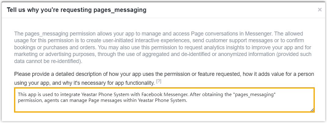 Cloud Voice, the pages_messaging description filled in