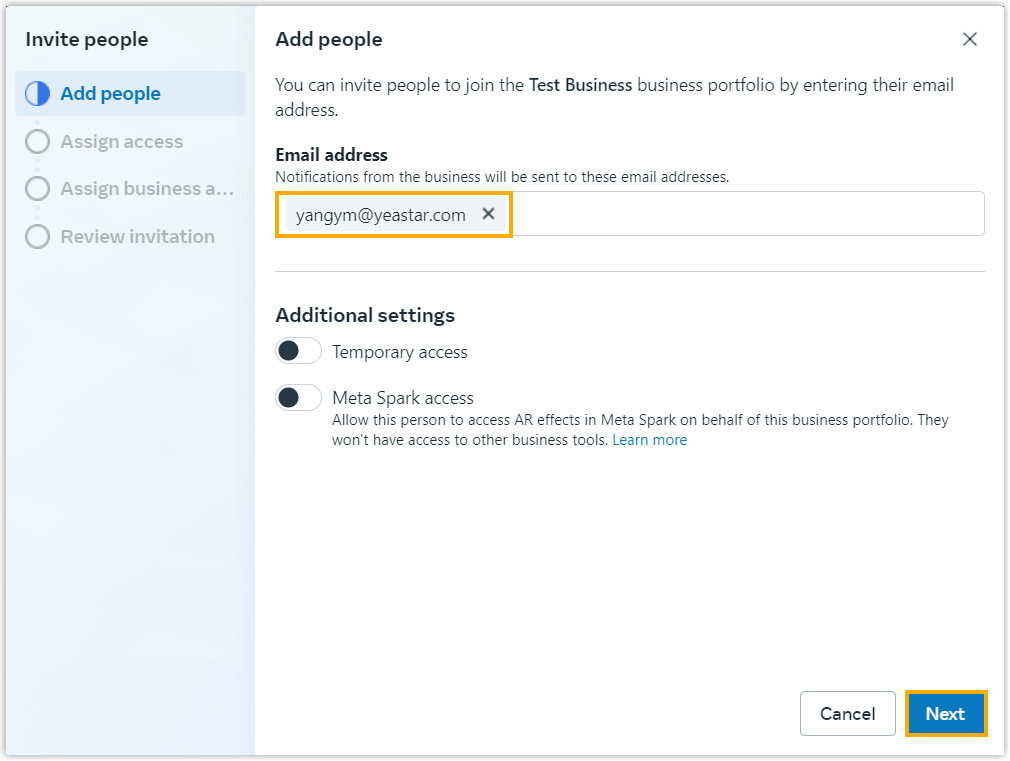 Cloud Voice, the invitation dialog with an email address entered