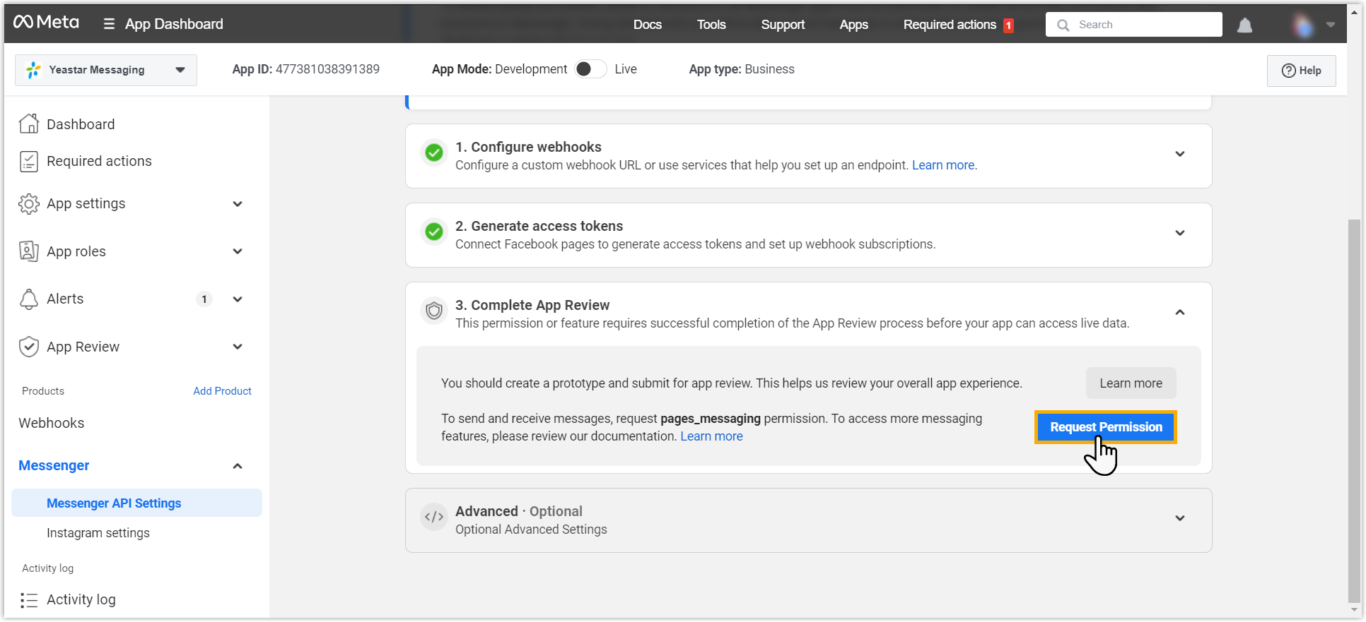 Cloud Voice, the Complete App Review section with the Request Permission button