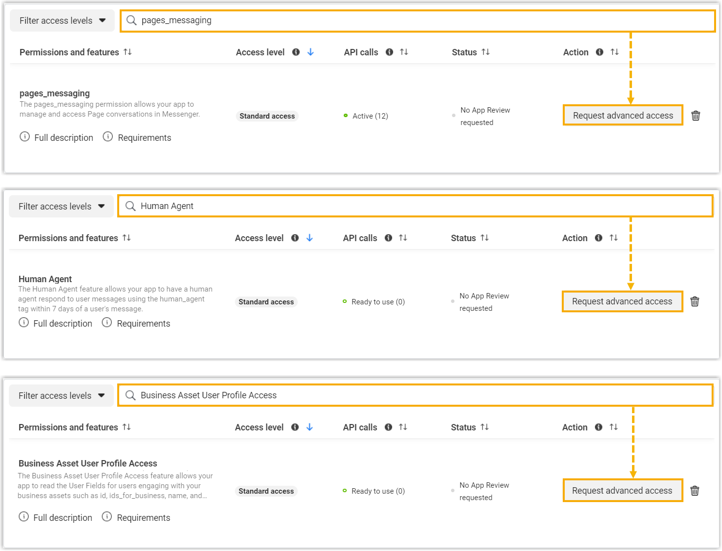 The Permissions and Features page with advanced access requested for the required permissions