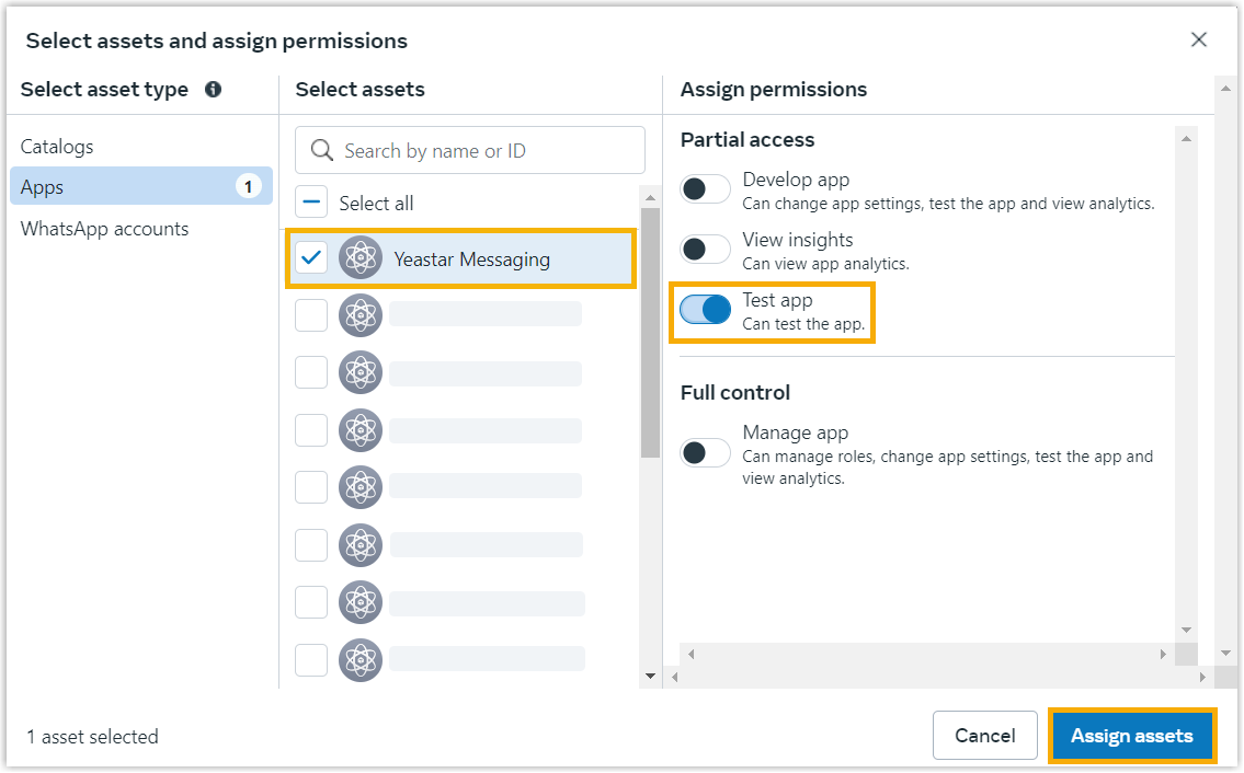 Cloud Voice, the Meta app selected with test access enabled