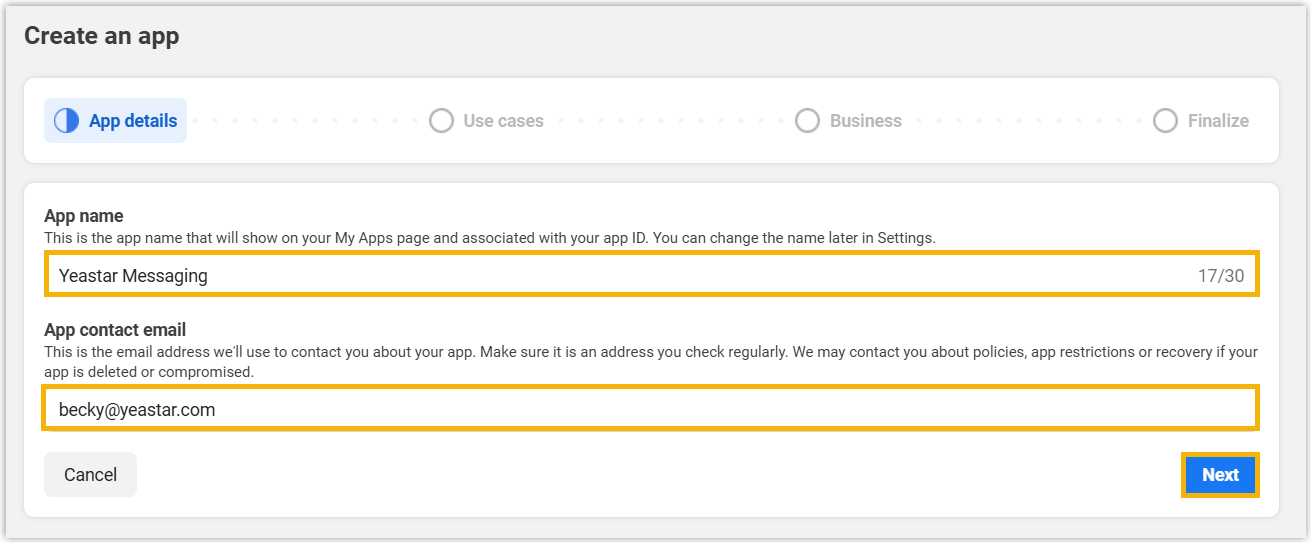 Cloud Voice, app details form with name and contact email fields