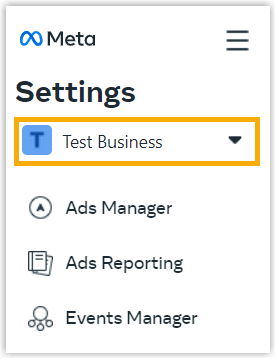 Business Manager settings with the business portfolio selector open