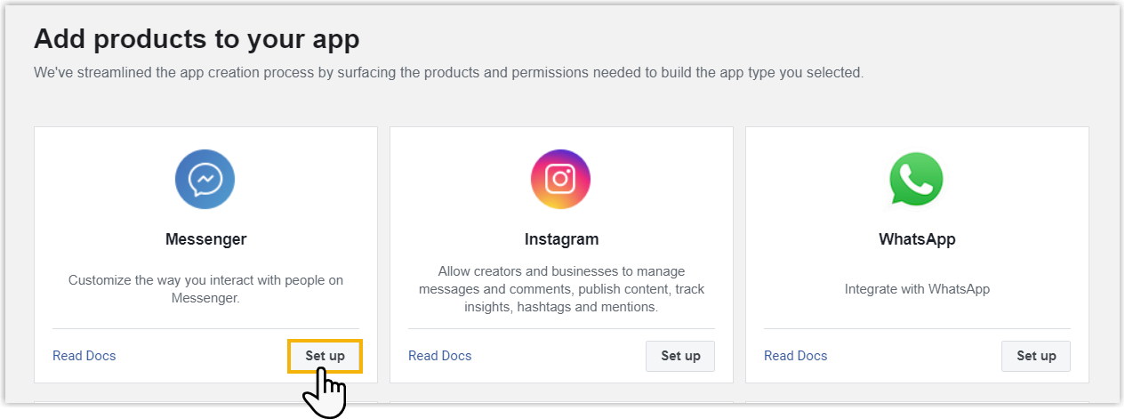 Add products page with the Set up action on Messenger