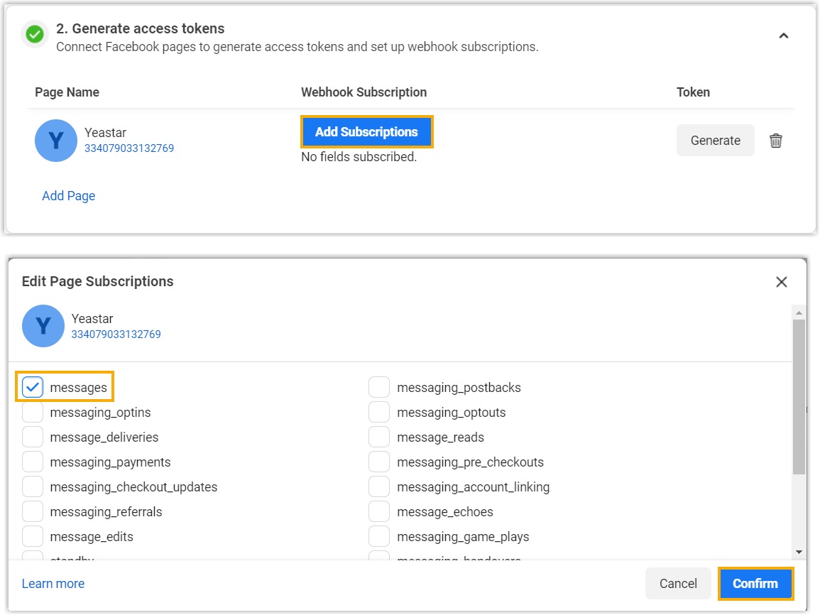 Cloud Voice, Add Subscriptions control for the Page's messages field