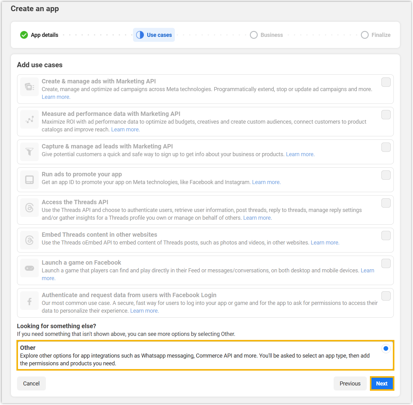 Use case selection with the Other option chosen