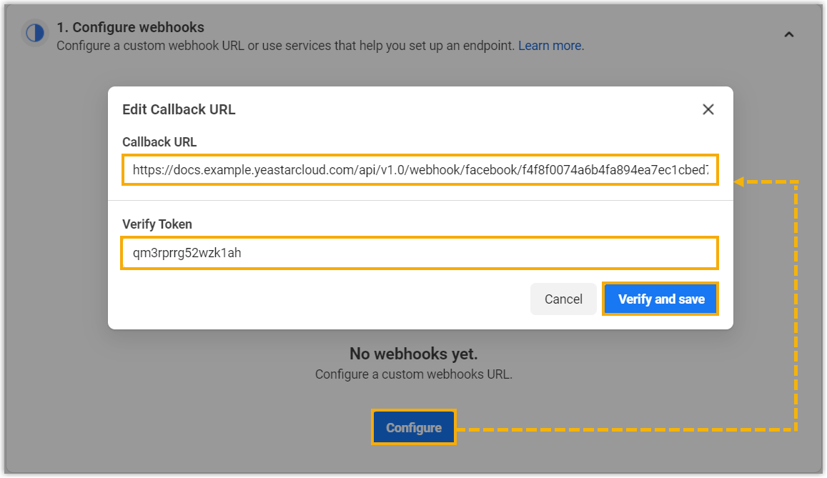 Cloud Voice, webhook configuration dialog with callback URL and verify token fields