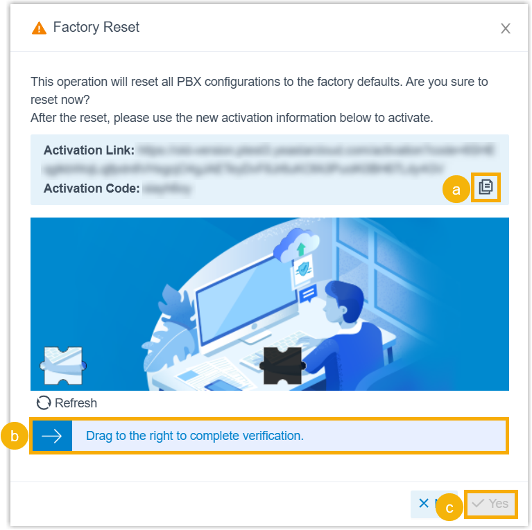 Factory Reset dialog box showing the activation link, activation code, and drag-to-verify slider