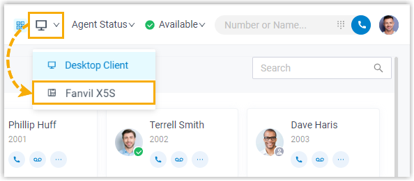 Selecting the paired Fanvil phone in the app's CTI menu