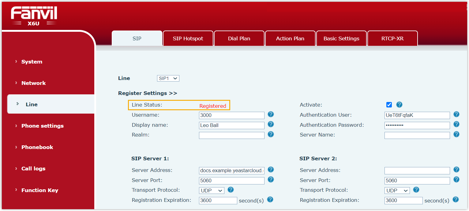 Cloud Voice, the Fanvil line list showing the extension with a registered status