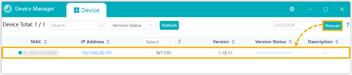 Fanvil Device Manager listing the base station and its assigned IP address