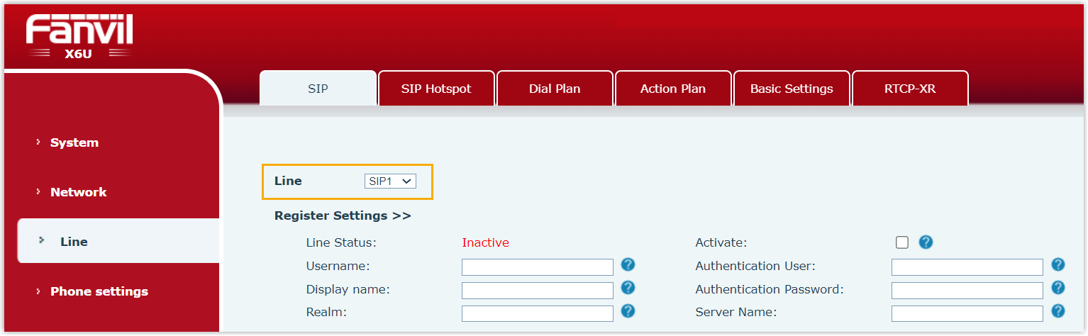 The Fanvil SIP line page with the account selector