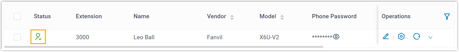 The Fanvil phone shown as provisioned and registered in the phone list