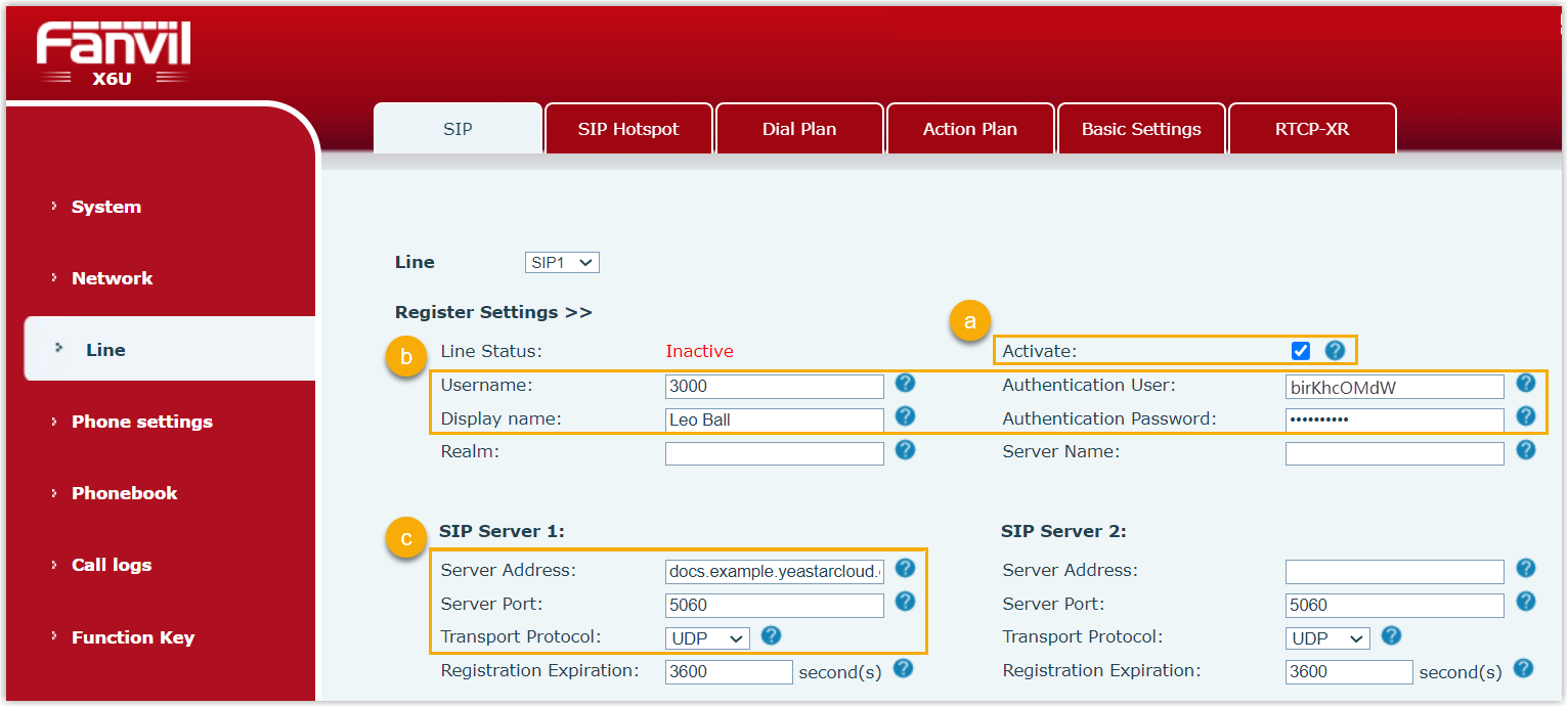 Cloud Voice, the Fanvil Register Settings section with the credential and server fields filled in