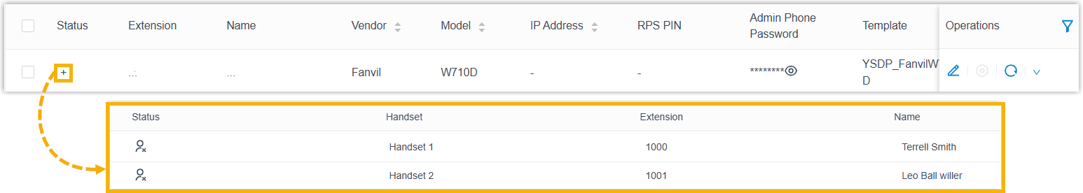 Base station expanded to show its handsets and assigned extensions before registration