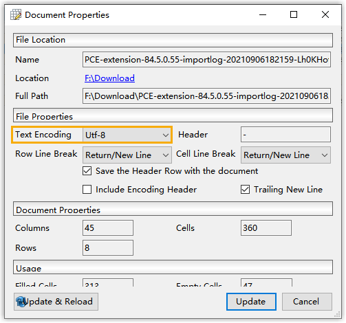The file properties dialog in Ron's Editor with the Text Encoding field selected