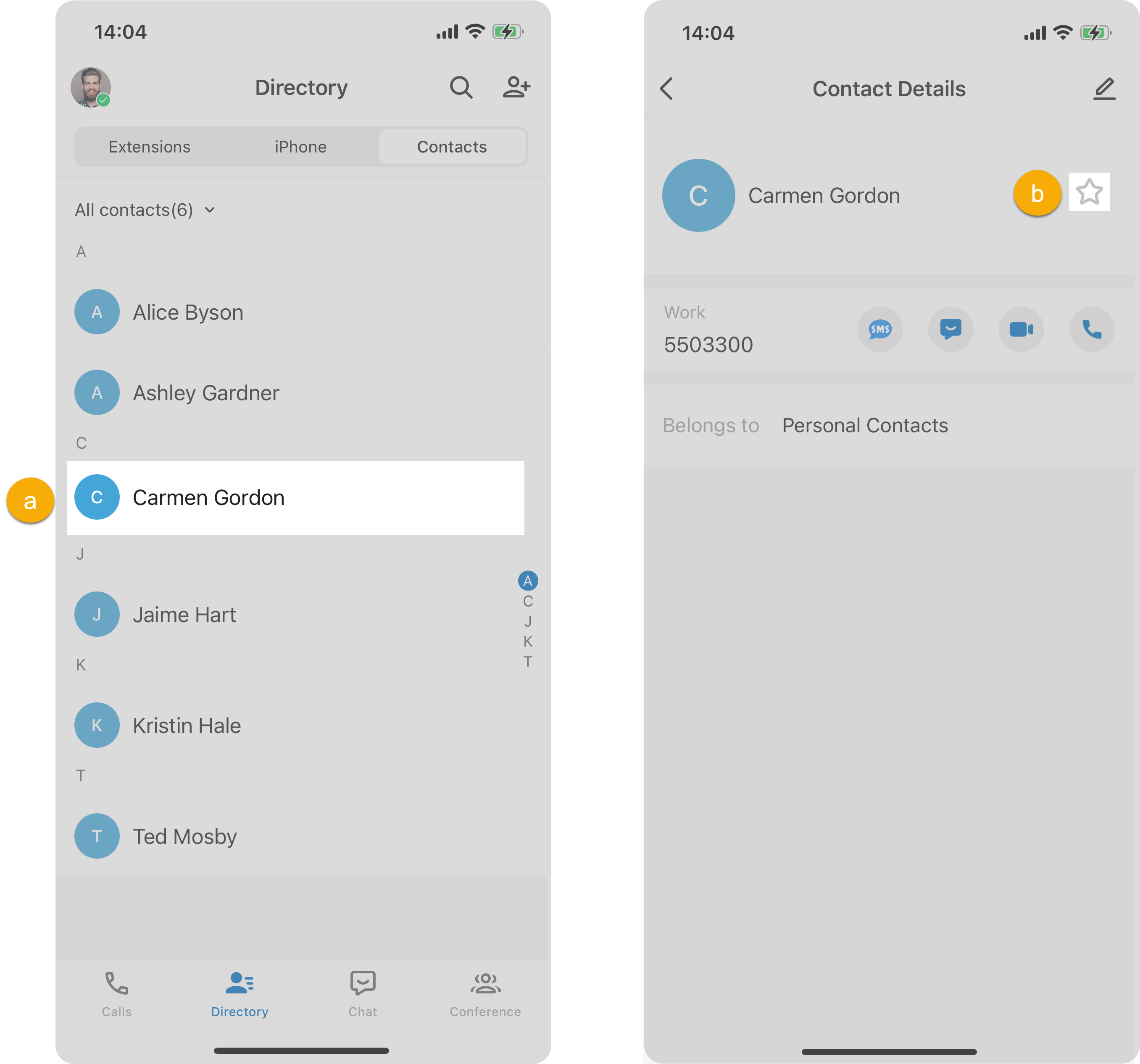 Contacts directory with a contact selected and its details open