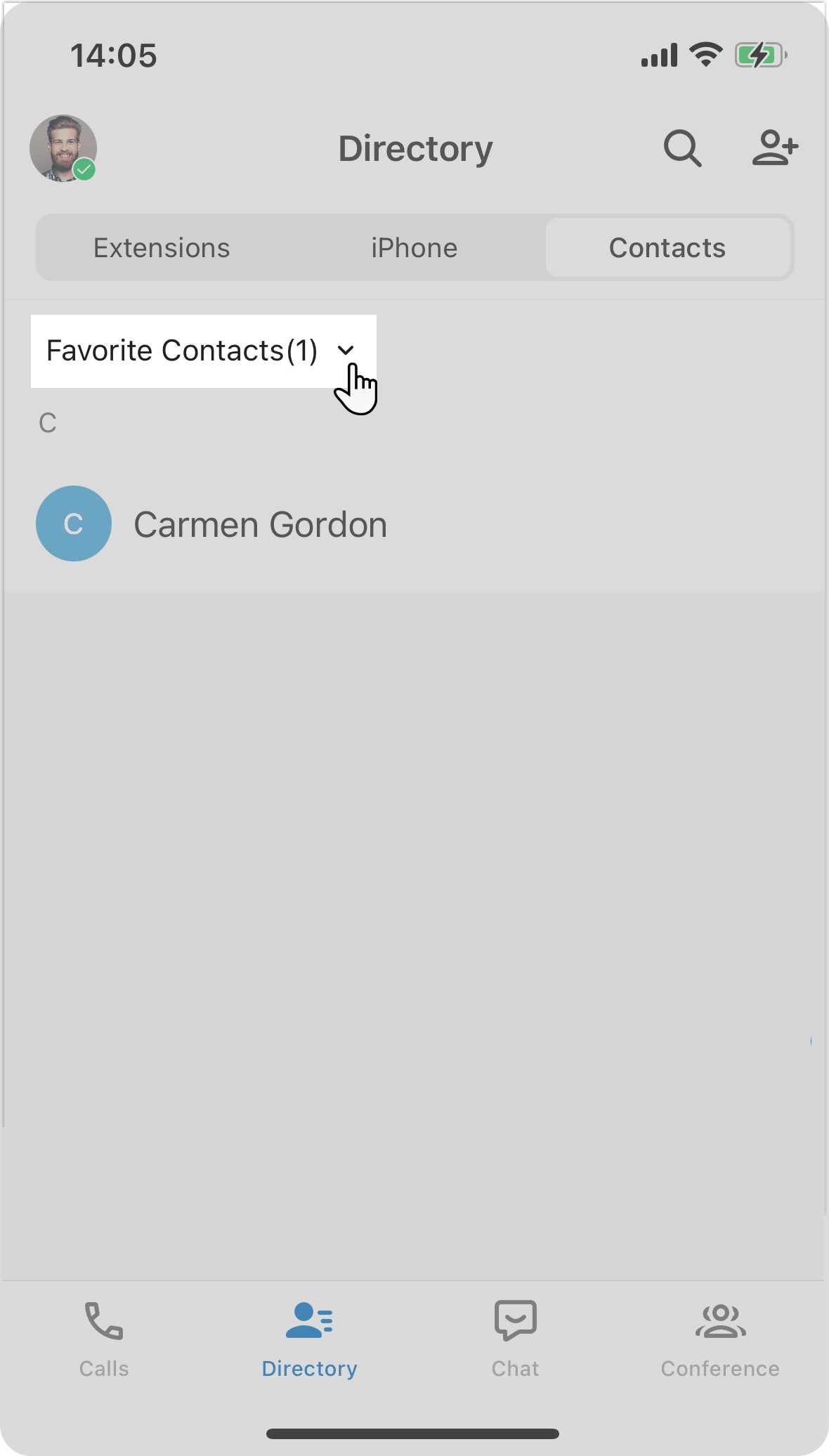Directory switcher set to the Favorite Contacts view