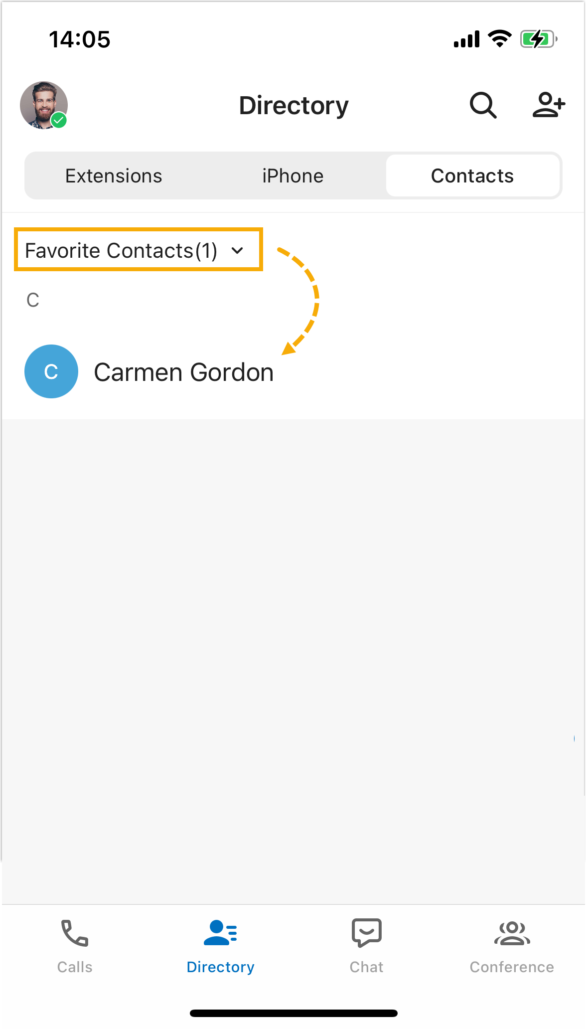 Favorite Contacts list showing a saved contact