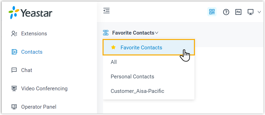 Cloud Voice, selecting the Favorite Contacts group from the workspace drop-down