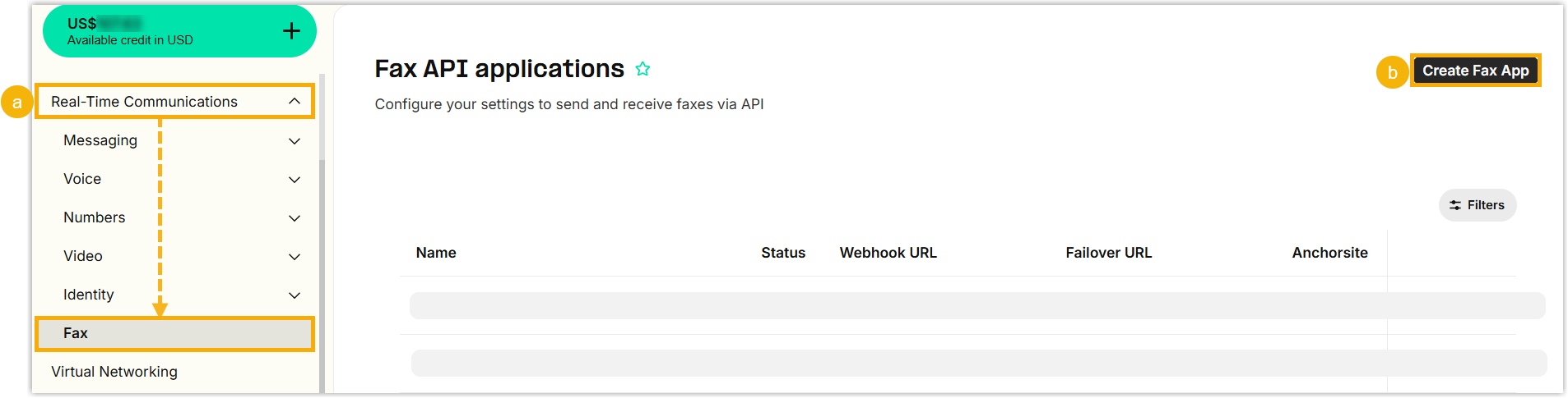 Telnyx Fax page with the Create Fax App button