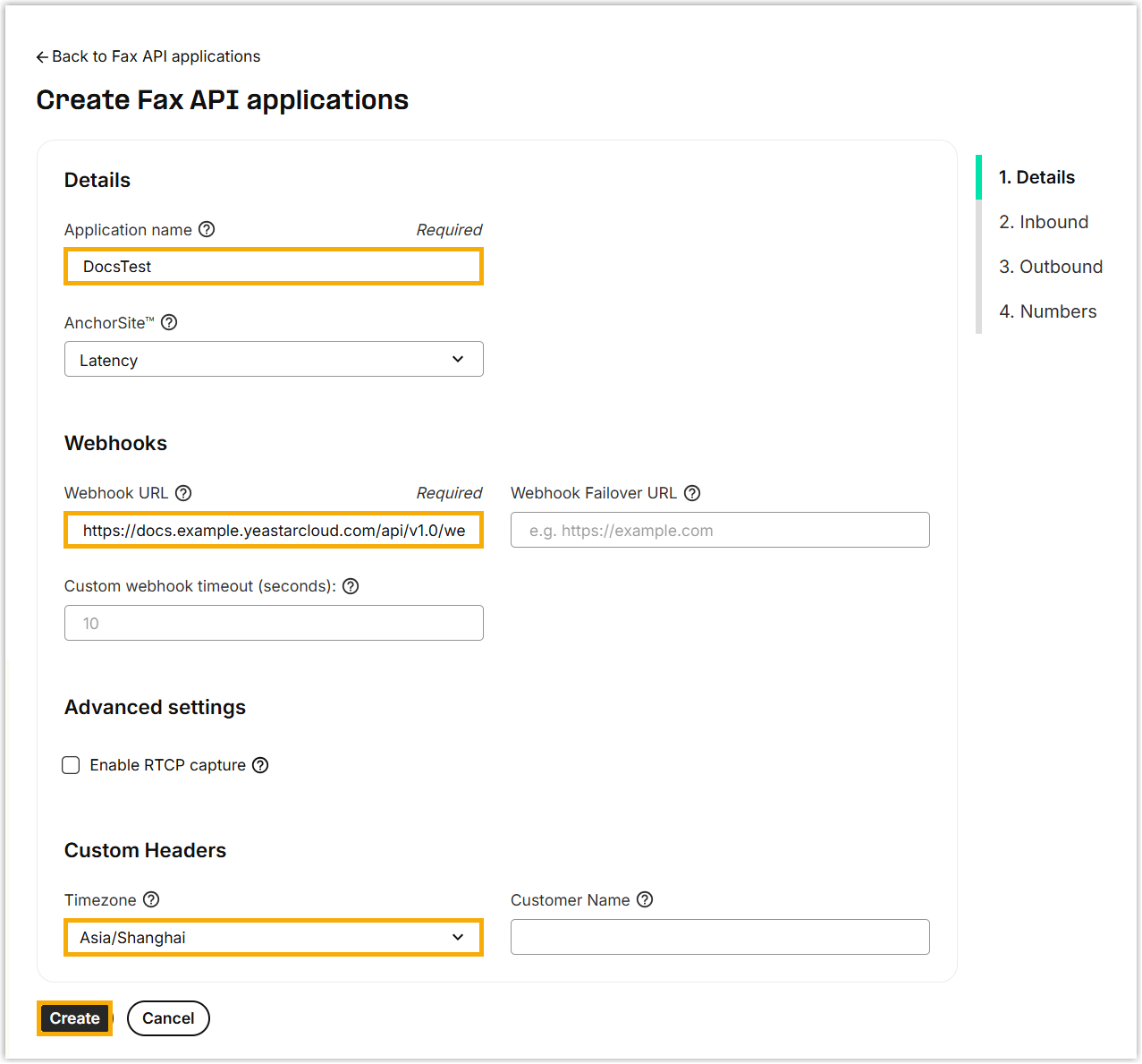 Cloud Voice, the Details step of the Telnyx fax application form