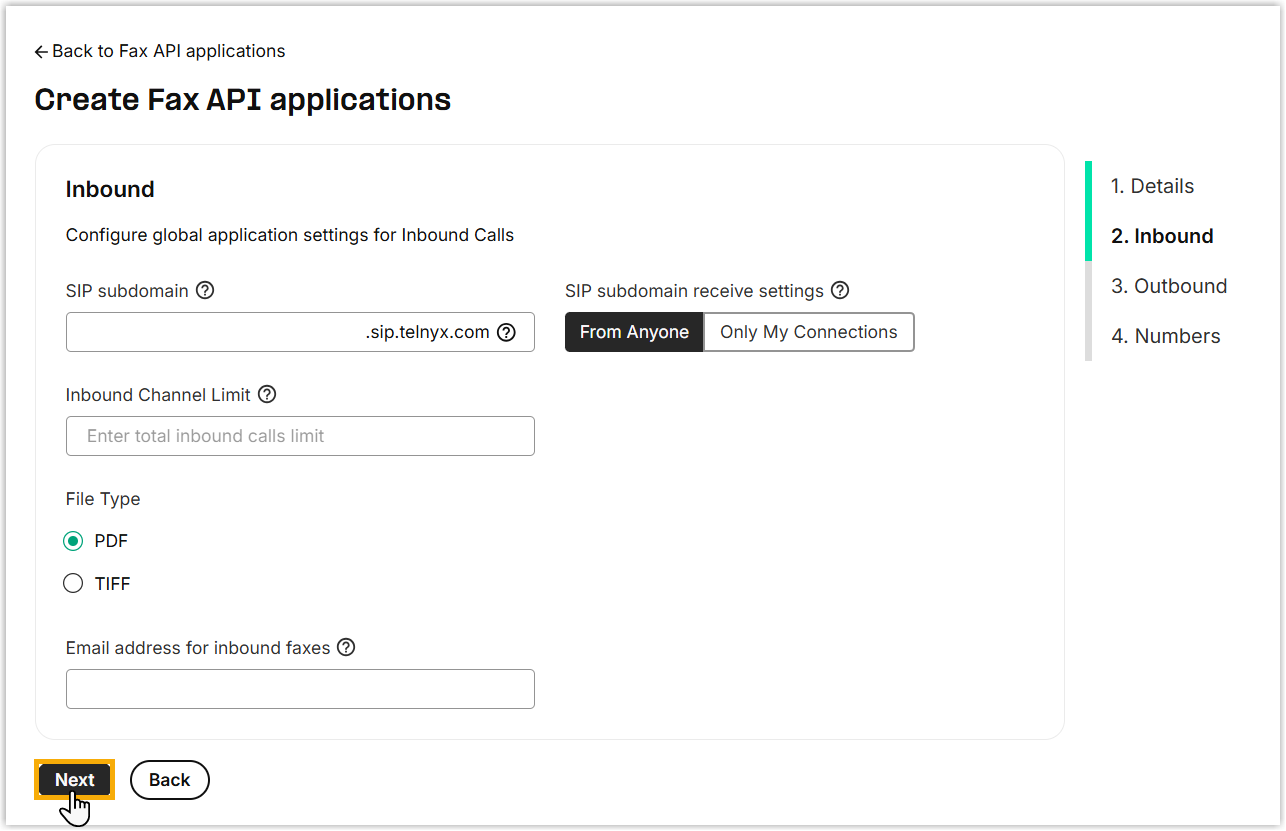 Telnyx Inbound settings for the fax application
