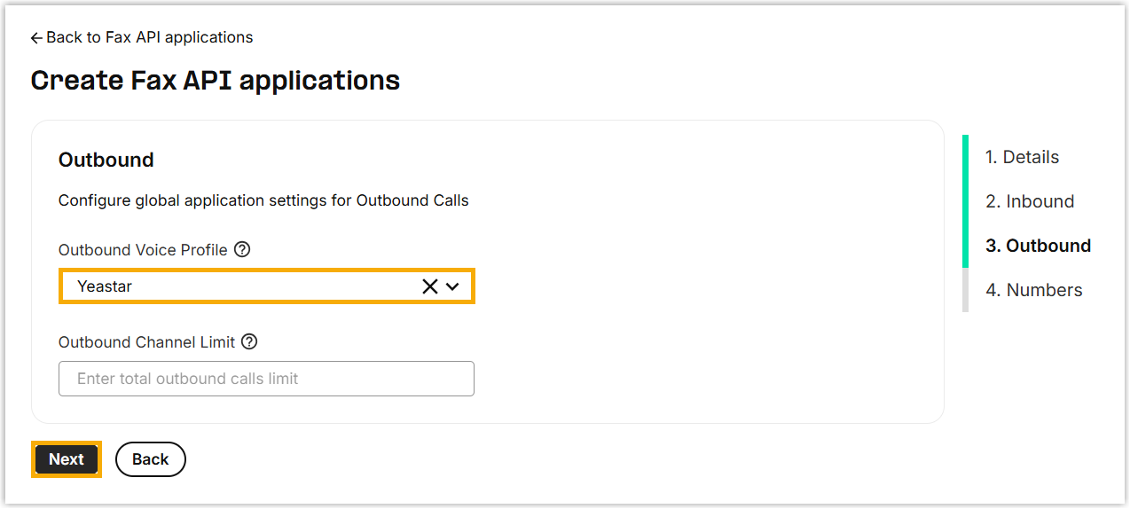 Telnyx Outbound settings with the voice profile selected