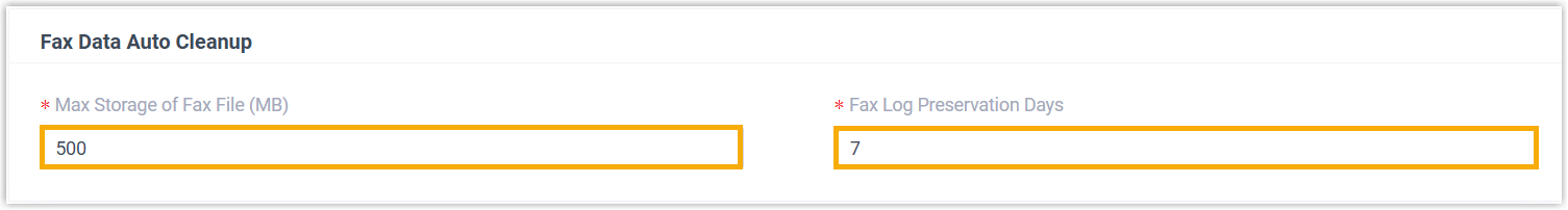 The Fax Data Auto Cleanup settings for storage size and log retention