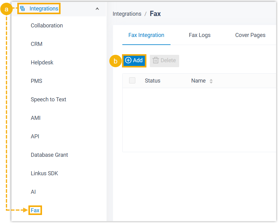 Cloud Voice, the Fax Integration tab with the Add button