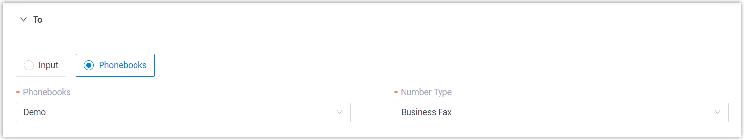 Selecting a phonebook and number type to add recipients in bulk