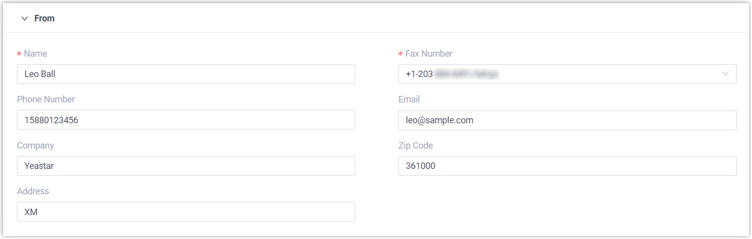 The From section showing sender details and the fax number selector