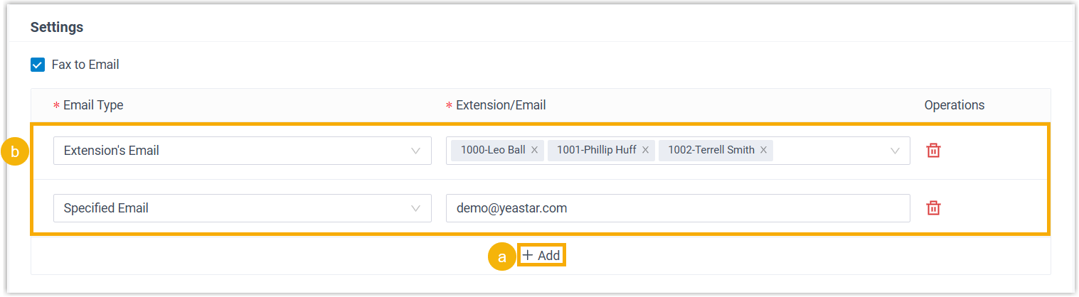 Cloud Voice, the fax-to-email settings with email type options