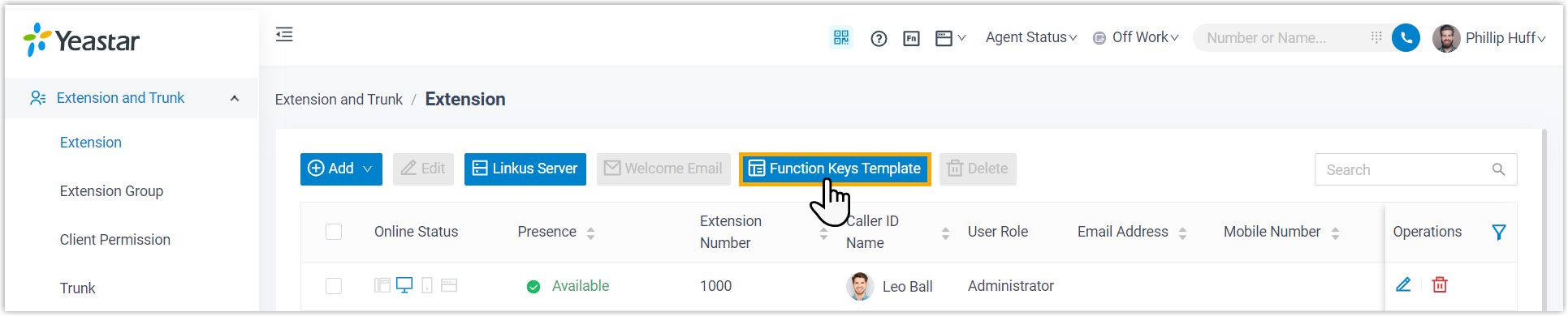 Cloud Voice, the Function Keys Template control on the extension page
