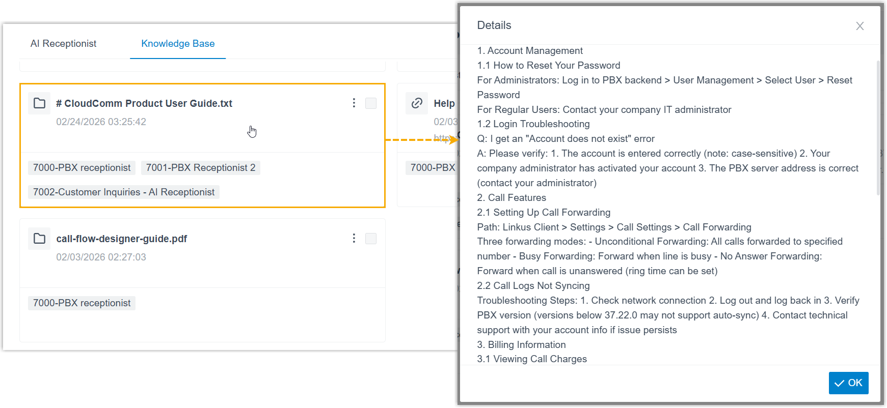 Cloud Voice, an uploaded file's entry showing the text extracted from the document