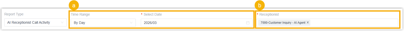 Filter panel for setting the time range and choosing receptionists