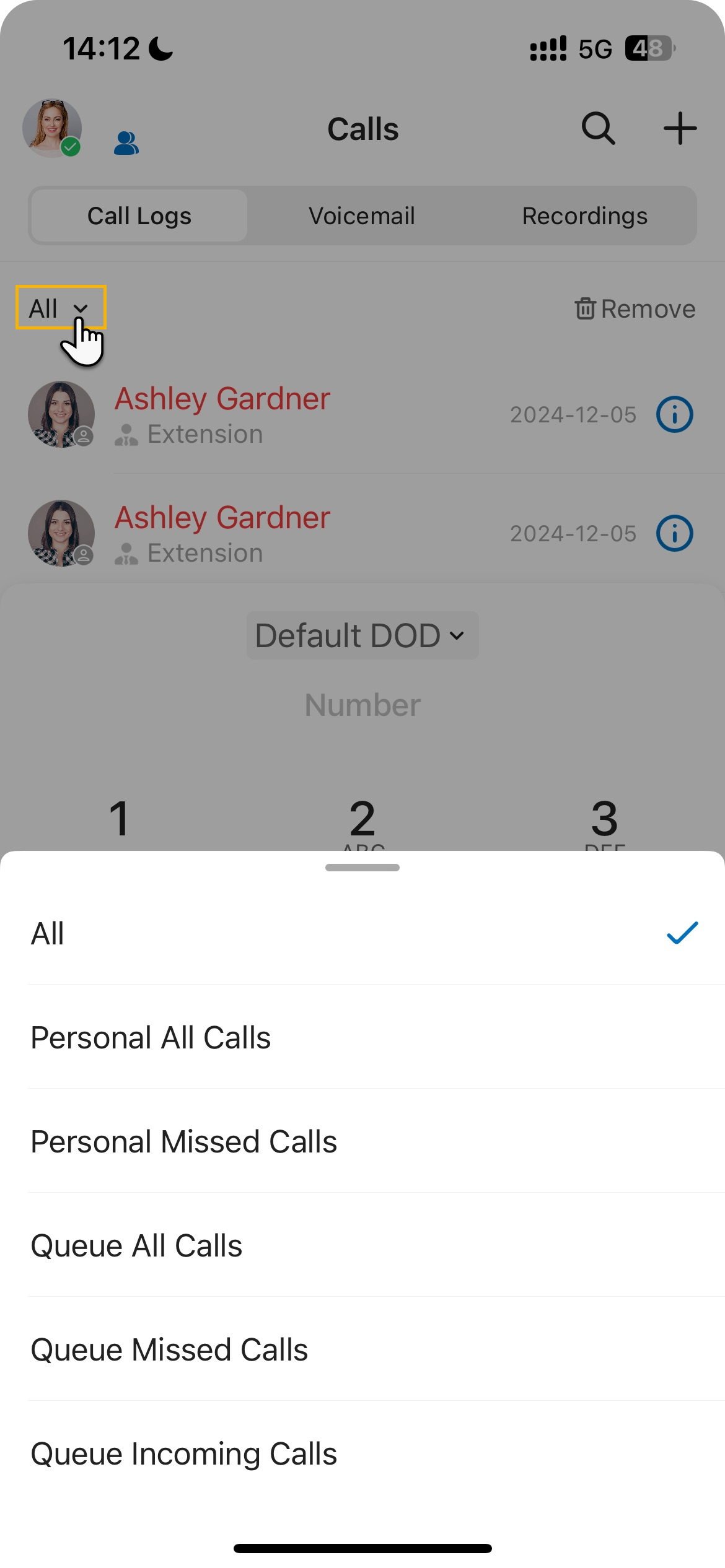 Filter control at the top of the call log used to show a single type of call