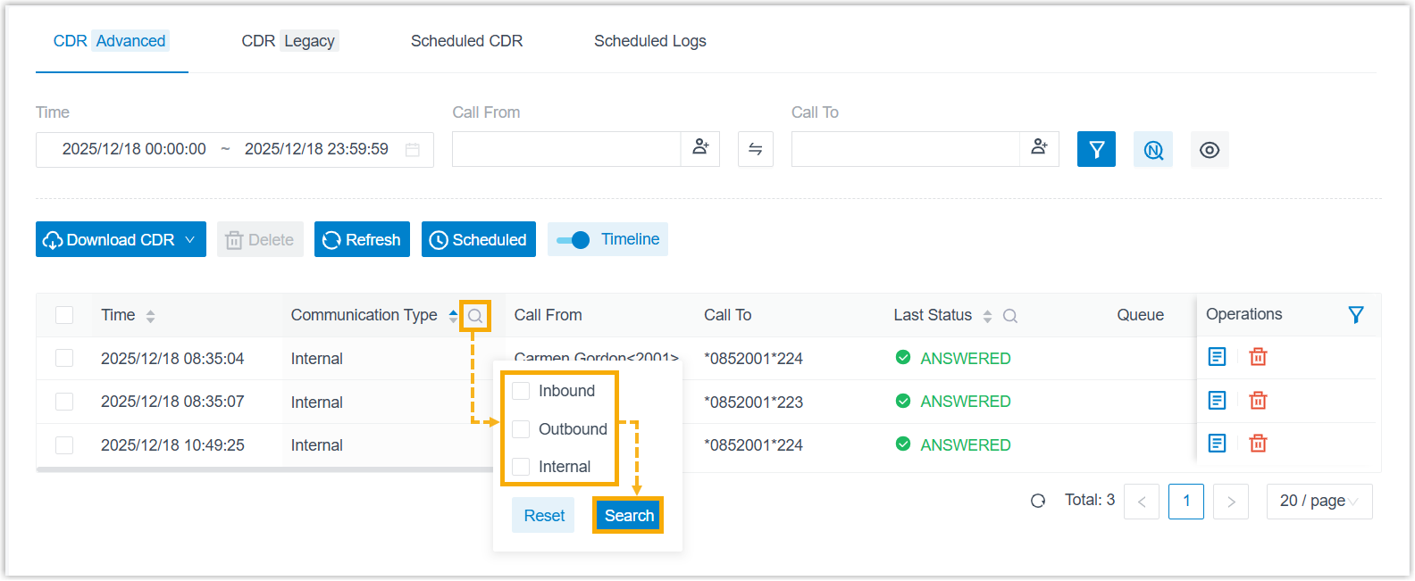 Filtering the CDR list from a column header