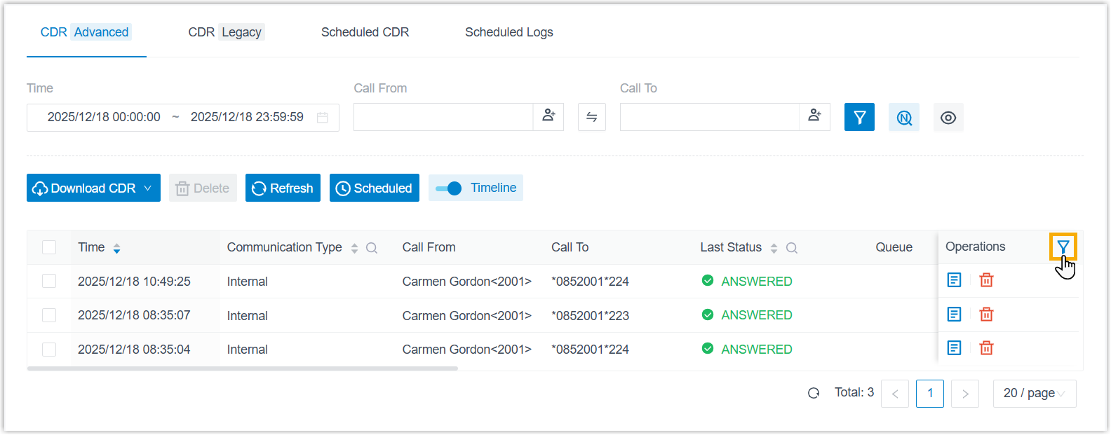 The column selector for choosing which CDR fields appear