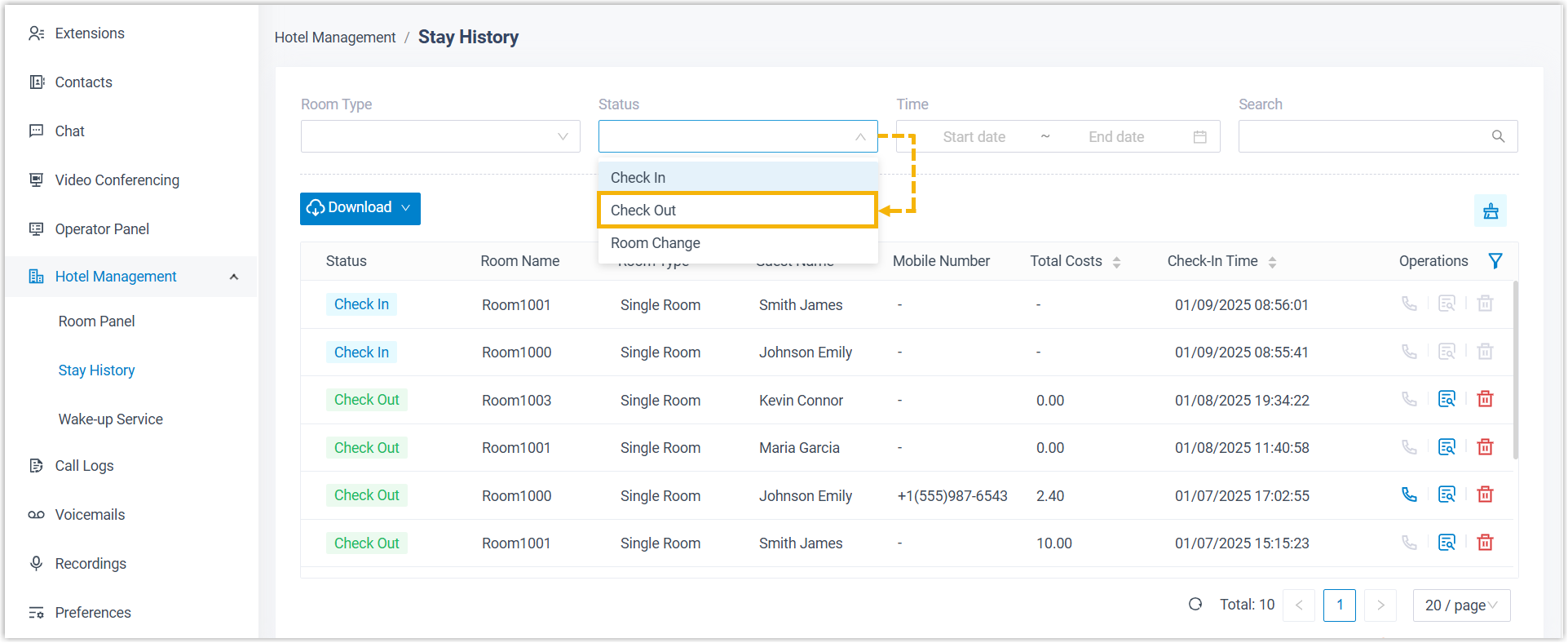 Stay History filtered by the Check Out status