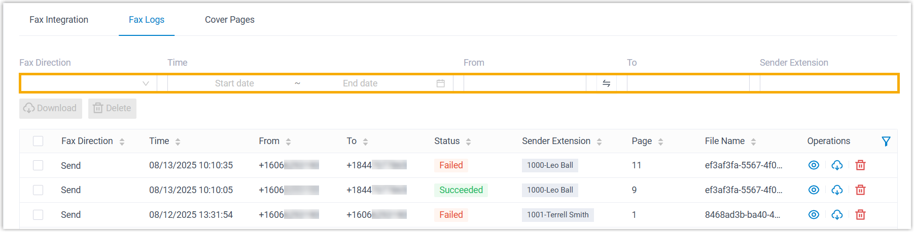 Filter controls at the top of the fax log