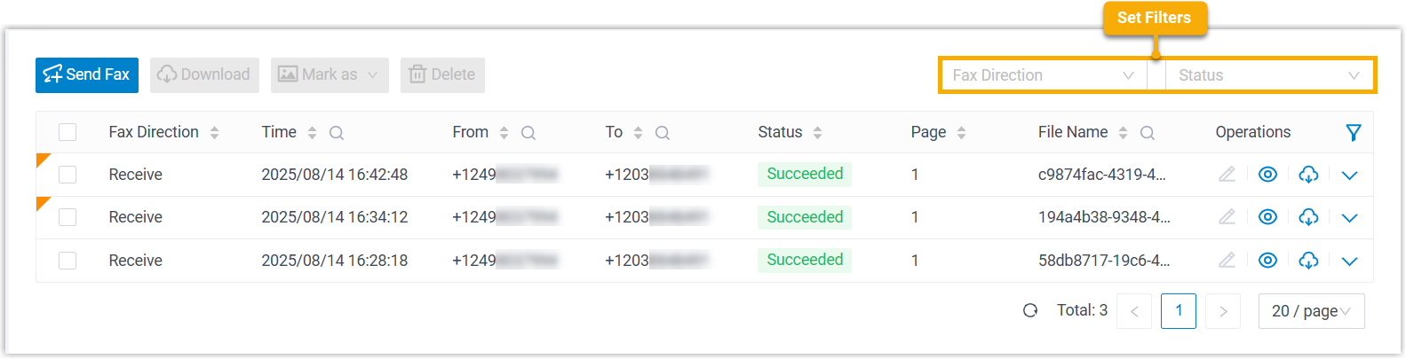 Filter controls above the fax list for narrowing results by direction and status