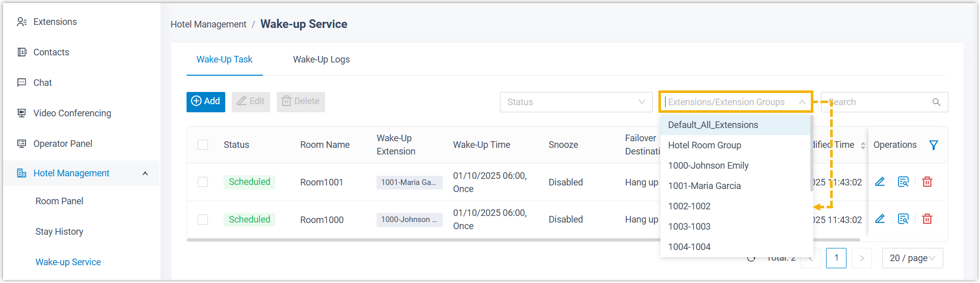 Wake-up task list filtered to a specific guest room