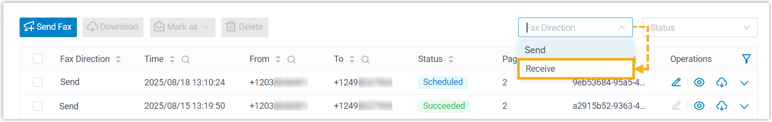 Fax list filtered by receive direction in Fax Management