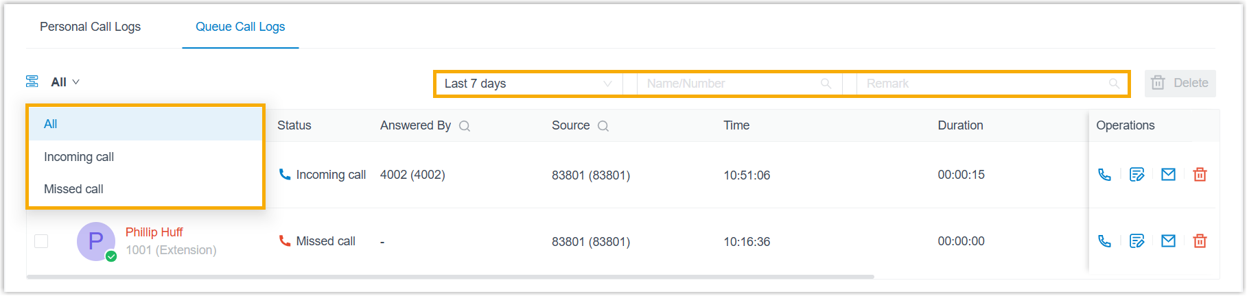 Filter controls above the queue call log list