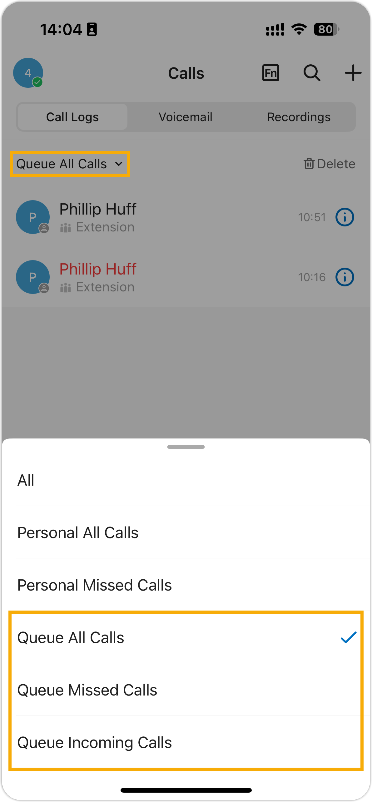 Selecting a call log type in the mobile app