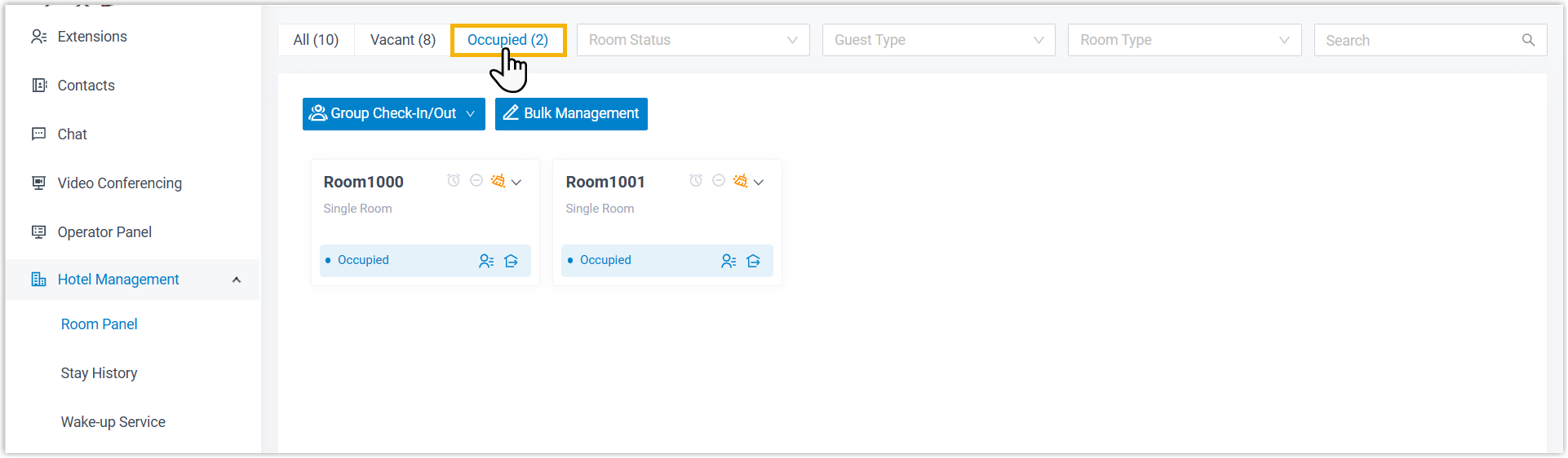 Room Panel filtered to show only occupied rooms