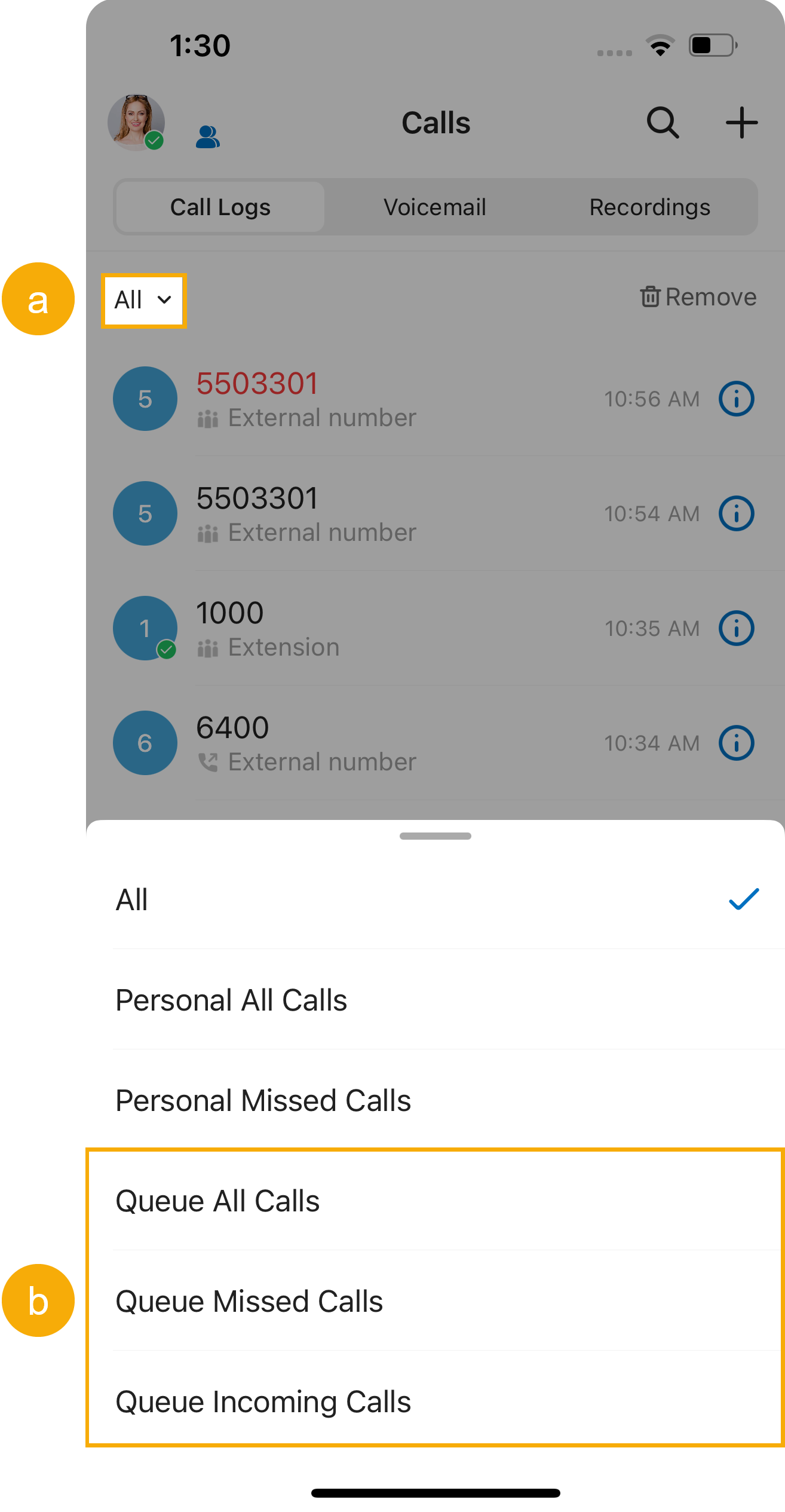 Filter menu for selecting which queue call logs to display